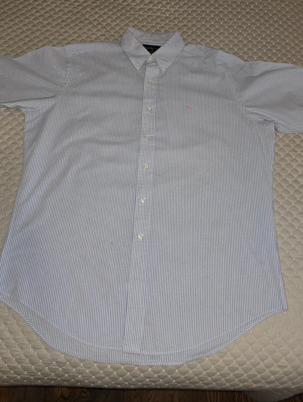 Lg - Ralph Lauren Light Blue & White Striped Button-Down Dress Shirt. (FLAWLESS)